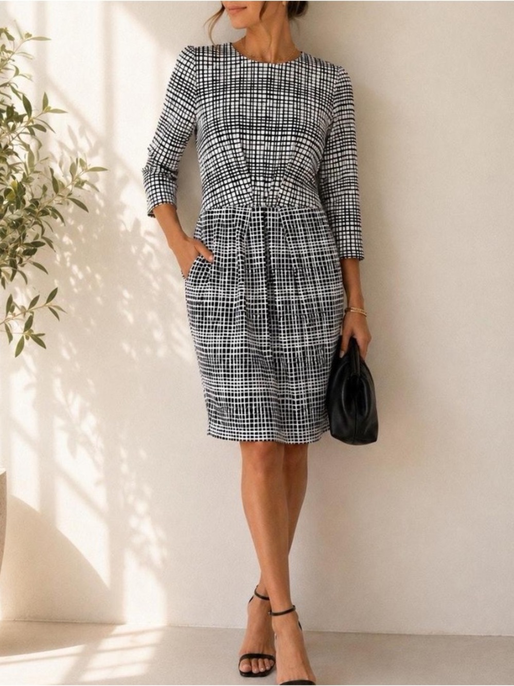 J. McLaughlin Mia Dress Large Mod Matrix Plaid Catalina Cloth Pleated 3/4 Sleeve